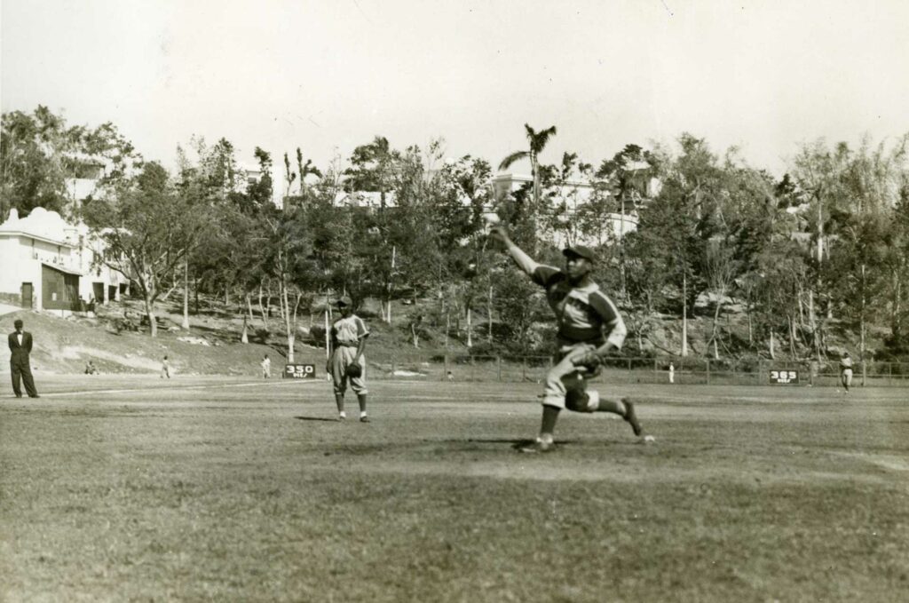 Pitcher Terris McDuffie during game action in Cuba, 1945